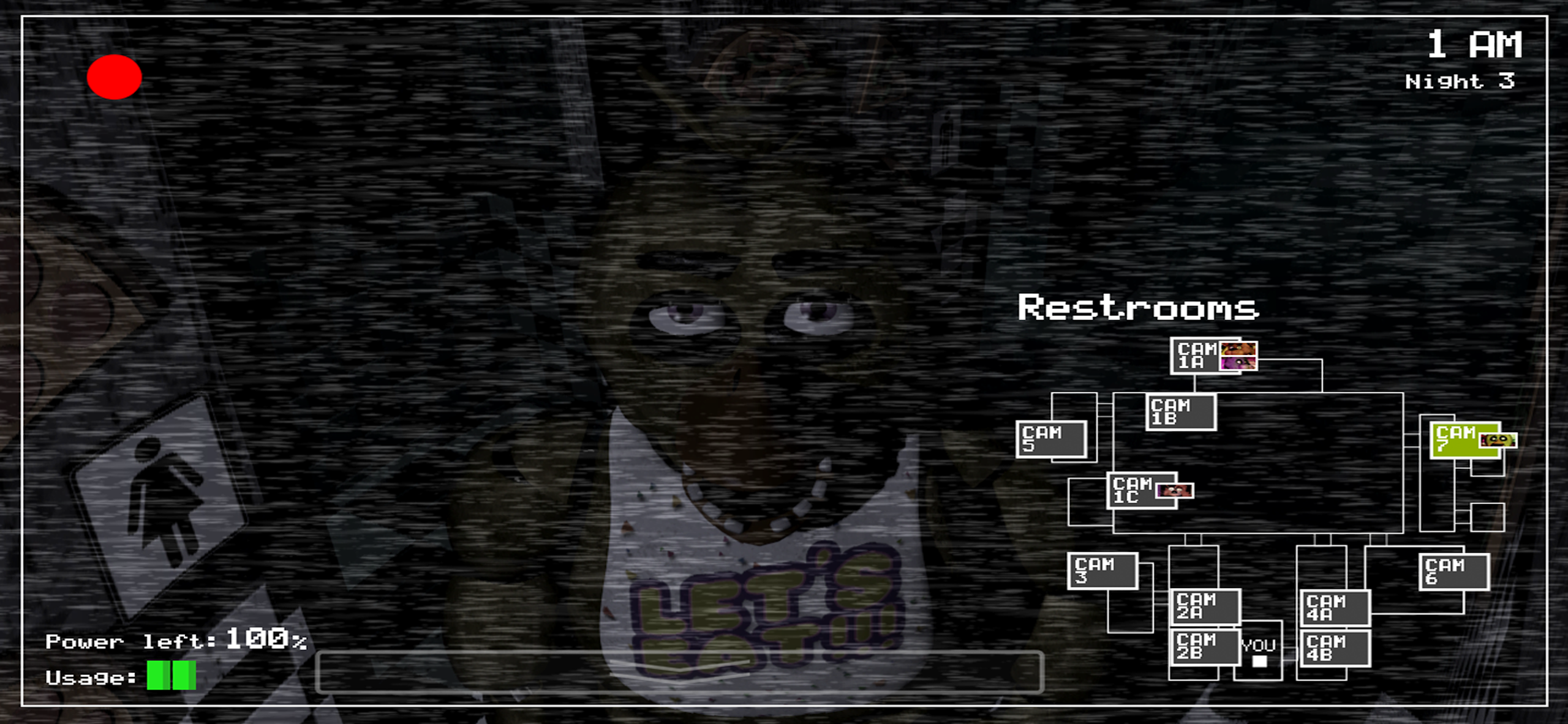 Dark corridor with animatronic silhouette — horror atmosphere
